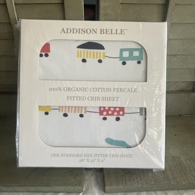 Addison Belle 100% Organic Cotton Fitted Crib Sheet Trains Print NIB And Poly - Image 1 of 4
