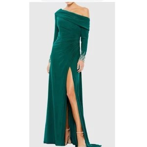 Abito Mac Duggal verde con perline polsino spalle scoperte finto avvolgente taglia 16 nuovo con etichette - Foto 1 di 11