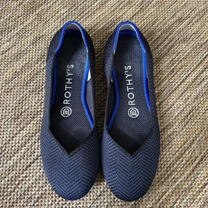 Rothys Womens Size 6.5 The Flat Black Blue Ballet Flats Round Toe Shoes Washable - Picture 1 of 7