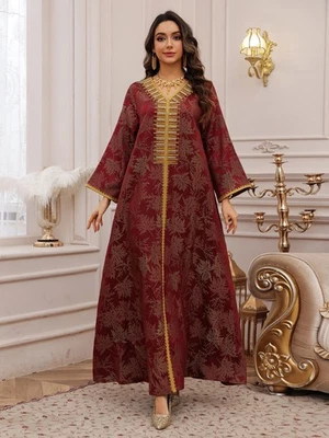 New Women Abaya Elegant Muslim Jacquard Embroidery Robe Diamond Party Long Dress - Image 1 of 4