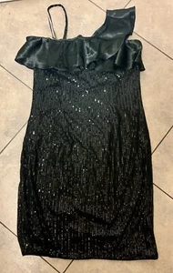 Women's Sequin Dress One Shoulder Ruffle Spaghetti Strap Sexy- Black- Size L - Picture 1 of 5
