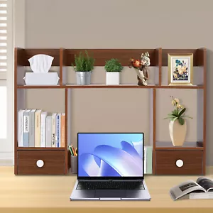 Organizer da Scrivania 2 Livelli Colore Noce Scuro Scrivania Organizer Rack con Cassetti US - Foto 1 di 23