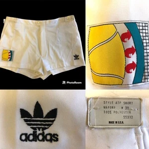 New Deadstock Vtg 70 80's Adidas USA White TREFOIL LoGo ATP Tennis Shorts 38 - Picture 1 of 15