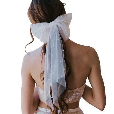 Pearl White Bridal Hair Accessories: Large Bow Veil with Barrette for Wedding... - Image 1 of 4