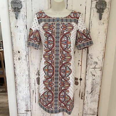 Antonio Melani Size 10 Womans White Orange Blue Green Paisley Shift Career Dress - Image 1 of 4