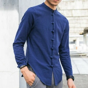 Men Ethnic Shirt Cotton Linen Plain Chinese Kung Fu Top Frog Button Retro - Picture 1 of 19