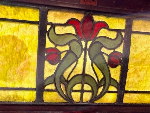 ANTIQUE STAINED GLASS TRANSOM WINDOW-- 60" x 11.25" -- ARCHITECTURAL SALVAGE Cover