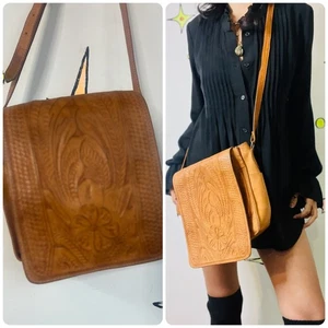 Vintage 70s Tooled Leather Boho Western Satchel | Floral Hippie Crossbody Bag - Picture 1 of 12