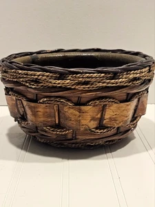 Rustic Wicker-Wrapped Ceramic Planter Basket – 8" Diameter, 4.75" Tall – Vintage - Picture 1 of 10