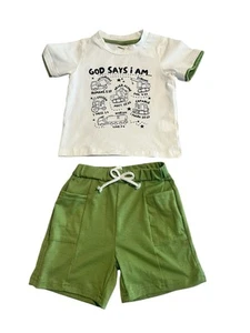 Shirt And Shorts Set Boys 18-24 Month Versus God Theme White Green Pockets Tee - Picture 1 of 11