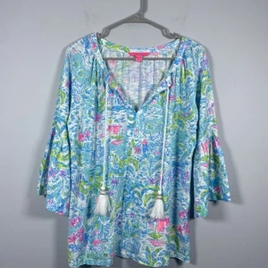 Lilly Pulitzer Del Lago Tassels Tunic Top What a Lovely Place Womens Sz M Resort - Picture 1 of 8