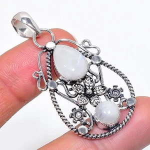 Moonstone Gemstone Handmade 925 Sterling Silver Jewelry Pendant Size 2" - Picture 1 of 1
