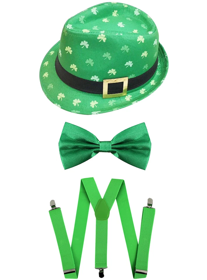SOMBRERO IRLANDÉS TRILBY VERDE PAJARITA Y TIRANTES DÍA DE SAN PATRICIO DISFRAZ CONJUNTO Foto 1 de 1