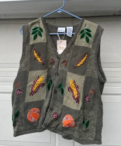 Bobbie Brooks Cardigan Vest Sweater Women Large Green Corduroy Patch Farm Autumn - Picture 1 of 5