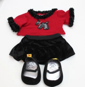 BUILD A BEAR RED BLACK SCOTTIE DOG SWEATER VELVET SKIRT & HEEL SHOES OUTFIT - Picture 1 of 6