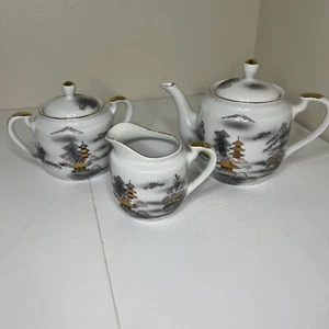 Hayasi Fine China Kutani Teapot W/ Creamer & Sugar Asian Landscape, Black &White - Picture 1 of 8