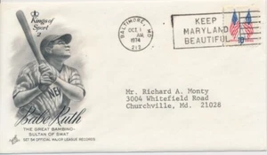 Babe Ruth Baseball King of Sport 2 1974 Artcraft cachet w/ enclosure - Picture 1 of 3