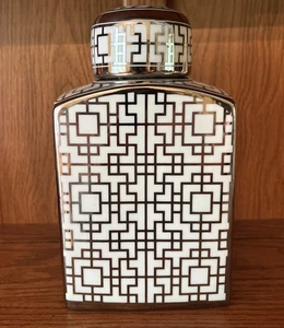 Tarro de jengibre forma rectangular tapa redonda plata y blanco diseño moderno - Imagen 1 de 10