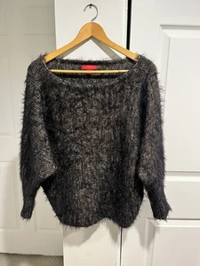 Jennifer Lopez Fuzzy Sweater Womens Size LBlack Metallic Threads Dolman Sleeves - Picture 1 of 11