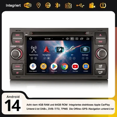 64GB Navi Android 14 DAB+ Autoradio CarPlay Ford Focus Kuga C-Max Transit Fiesta - Bild 1 von 4
