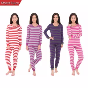 Damen Gestreift Baumwolle 2 Teilig Pyjama Set Freizeit Passende Passform Nachtwäsche - Bild 1 von 13