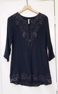 Anthropologie Monoreno Blouse Top Womens Size S Embroidered Black Linen Boho - Picture 1 of 5
