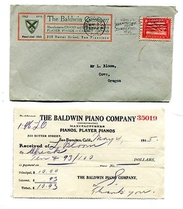Vintage Illustrated Envelope Receipt BALDWIN COMPANY PIANOS 1915 San Francisco - Picture 1 of 2