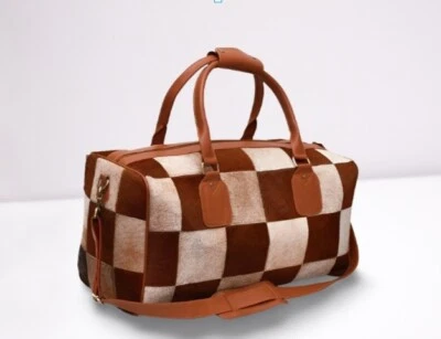 Square Patch Cowhide Duffel Personal Cabin Size Carryall Patchwork Brown Duffle - Image 1 of 2
