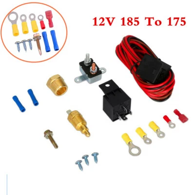 Electric Fan Wiring Harness Kit 12V 185 Degree Thermostat 60 Amp Relay For Car - Image 1 of 4