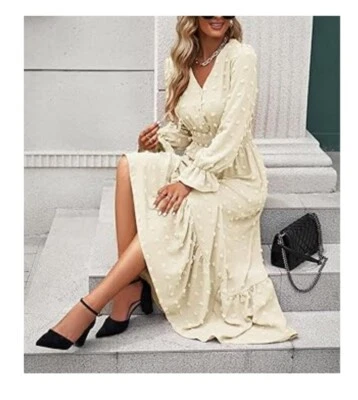 Feminine BOHO Long Sleeves Swiss Dots Smocked Ruffle Maxi Dress Cream Size Small - Image 1 of 4