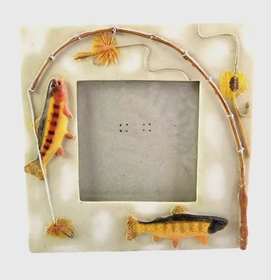 Marco de fotos pesca con mosca 7 x 7" resina cabaña hombre cueva salmón Foto 1 de 4