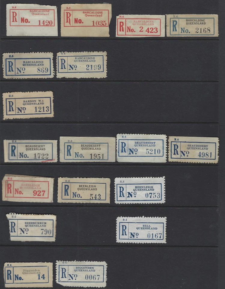 Etiquetas de registro de Australia Queensland Barcaldine, Beaudesert, Beenleigh ++ Foto 1 de 1