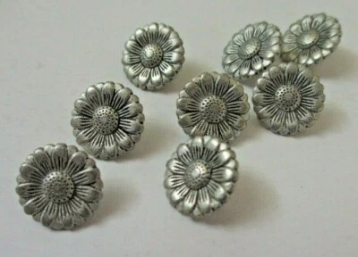 9/16"  Antiqued Silver Tone Metal Daisy Flower Shank Back  Buttons (8) - Image 1 of 4
