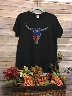 Camiseta para mujer talla grande novedad pedrería Texas Longhorns patriótica negra Foto 1 de 4