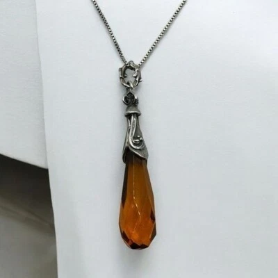 Sterling Silver Amber Faceted Teardrop Pendant w 20” Chain Vintage 90s - Image 1 of 4
