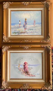 Pair Marie Charlot 2 Paintings Impressionist Women on Beach Signed-Fancy Frames - Picture 1 of 6