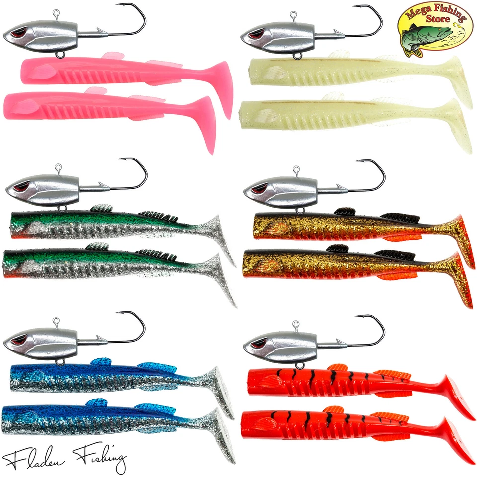 FLADEN Norwegen Meeresköder 200g bis 400g - 2x Gummifisch + Jigkopf Dorsch Köder - Bild 1 von 2