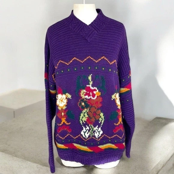 Suéter Vintage Para Mujer Grande Texturizado Tejido a Mano Floral Púrpura Cuello en V Algodón Foto 1 de 4