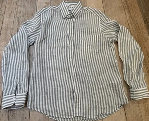 Reiss Long Sleeve Shirt 100% Linen Gray White Striped Medium Men’s Regular Fit - Picture 1 of 14