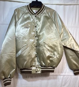 VTG King Louie Pro Fit Sz L Bowling Jacket Beige Satin USA Sleepy Eye Embroidery - Picture 1 of 16