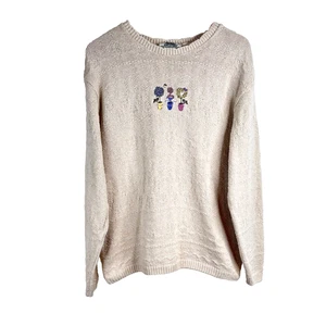 Vintage 90s Granny Sweater M Embroidered Birds Floral Cottage Cream Winter Knits - Picture 1 of 8