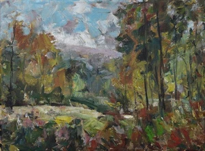 Art Original Oil Painting RM Mortensen "Last Stop" Landscape Trees Sky - Picture 1 of 1
