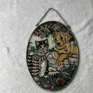 Amia CAT & DOG 8.5x5” Painted Glass Suncatcher Faux Stained Glass Oval Snail - Picture 1 of 8