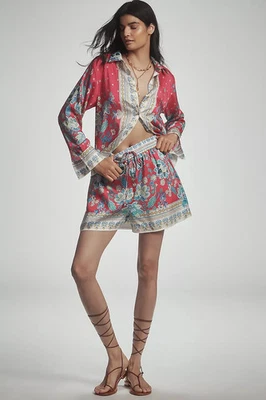 Шорты Anthropologie Maeve розовые с цветочным принтом шелковистые атласные большие кокетливые женские - Изображение 1 из 4