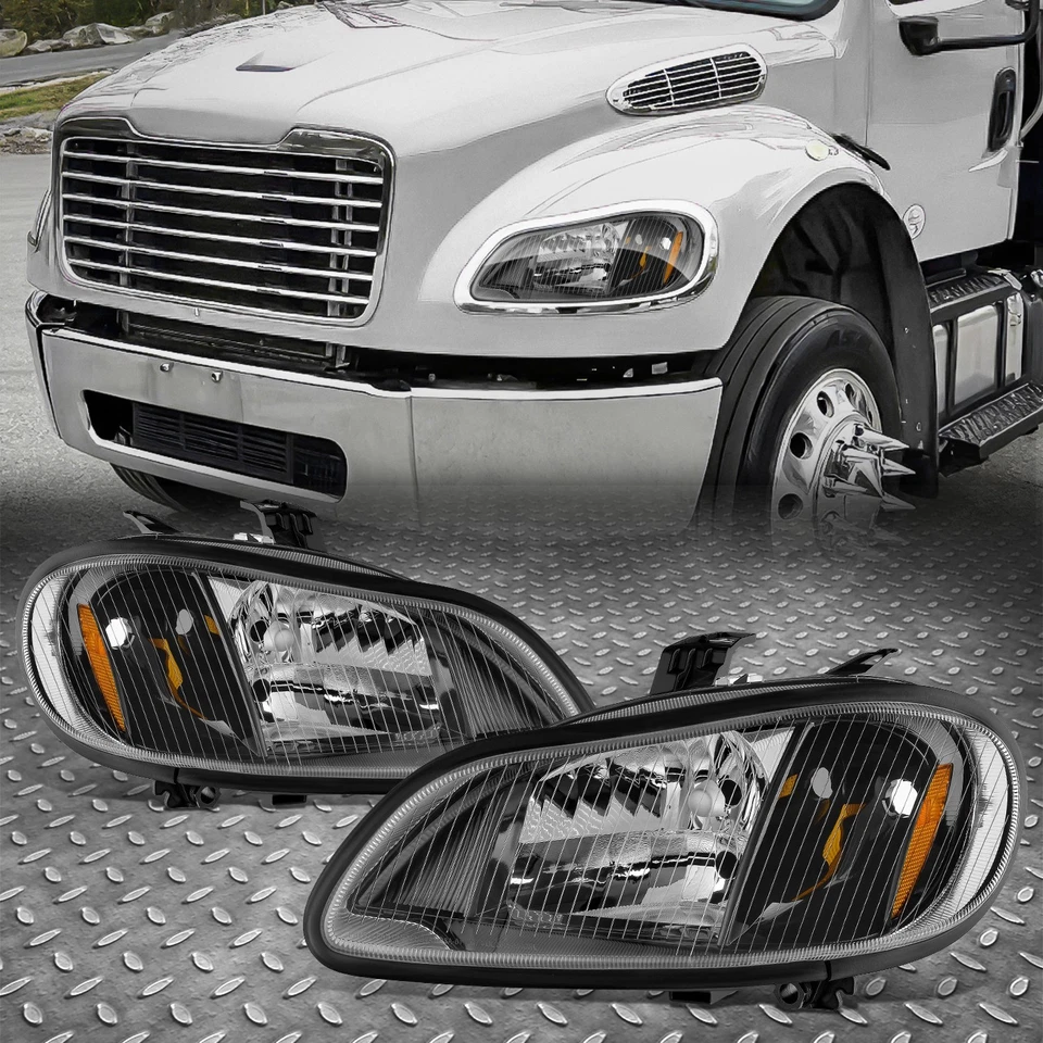 Pair Left+Right Set Black Headlights Complete For 03-19 Freightliner M2 106 112 - Image 1 of 4