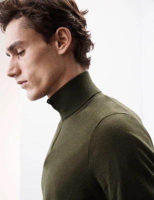 MARKS & SPENCER M&S - Autograph Mens Khaki Merino Knitted Funnel neck Plain Long sleeved Jumper