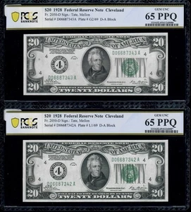 2 Consecutive 1928 $20 Federal Reserve Note Cleveland Fr. 2050-D  PCGS 65 PPQ - Picture 1 of 6