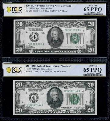 2 Consecutive 1928 $20 Federal Reserve Note Cleveland Fr. 2050-D  PCGS 65 PPQ - Image 1 of 4