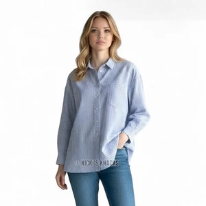 GAP Blue White Striped Linen Blend Oversized Button Down Big Shirt Top Size S - Picture 1 of 9