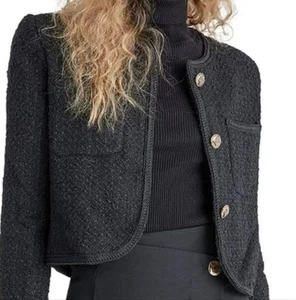 Urban Revivo Black Classic Nautical Button Old Money Tweed Cropped Jacket 4 - Picture 1 of 10